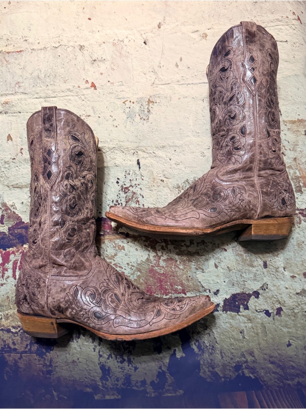 Size 14  “Rare” Corral Vintage Tan Brown Leather Inlay Boots
